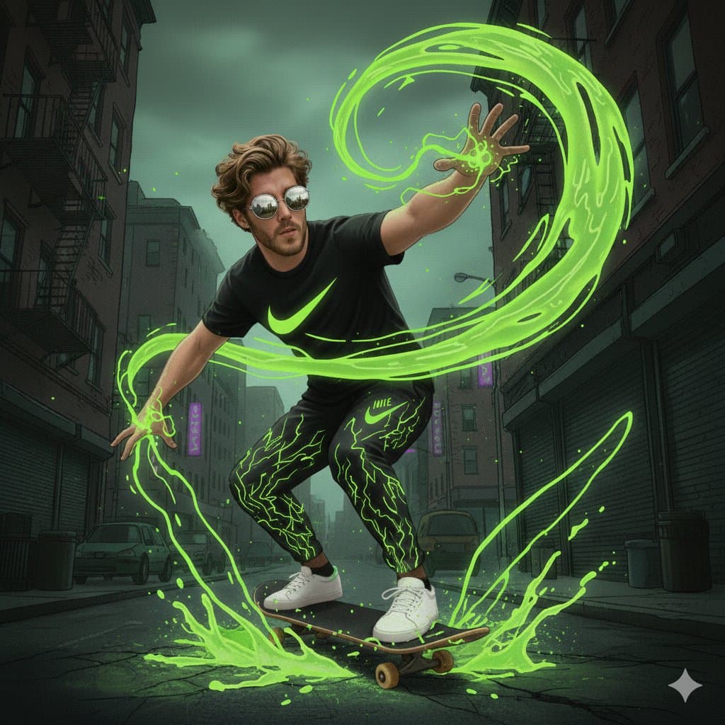 A dynamic, low-angle action shot of a young man with wavy brown hair and round reflective sunglasses, performing a mid-air crouched trick on a skateboard created with Gemini