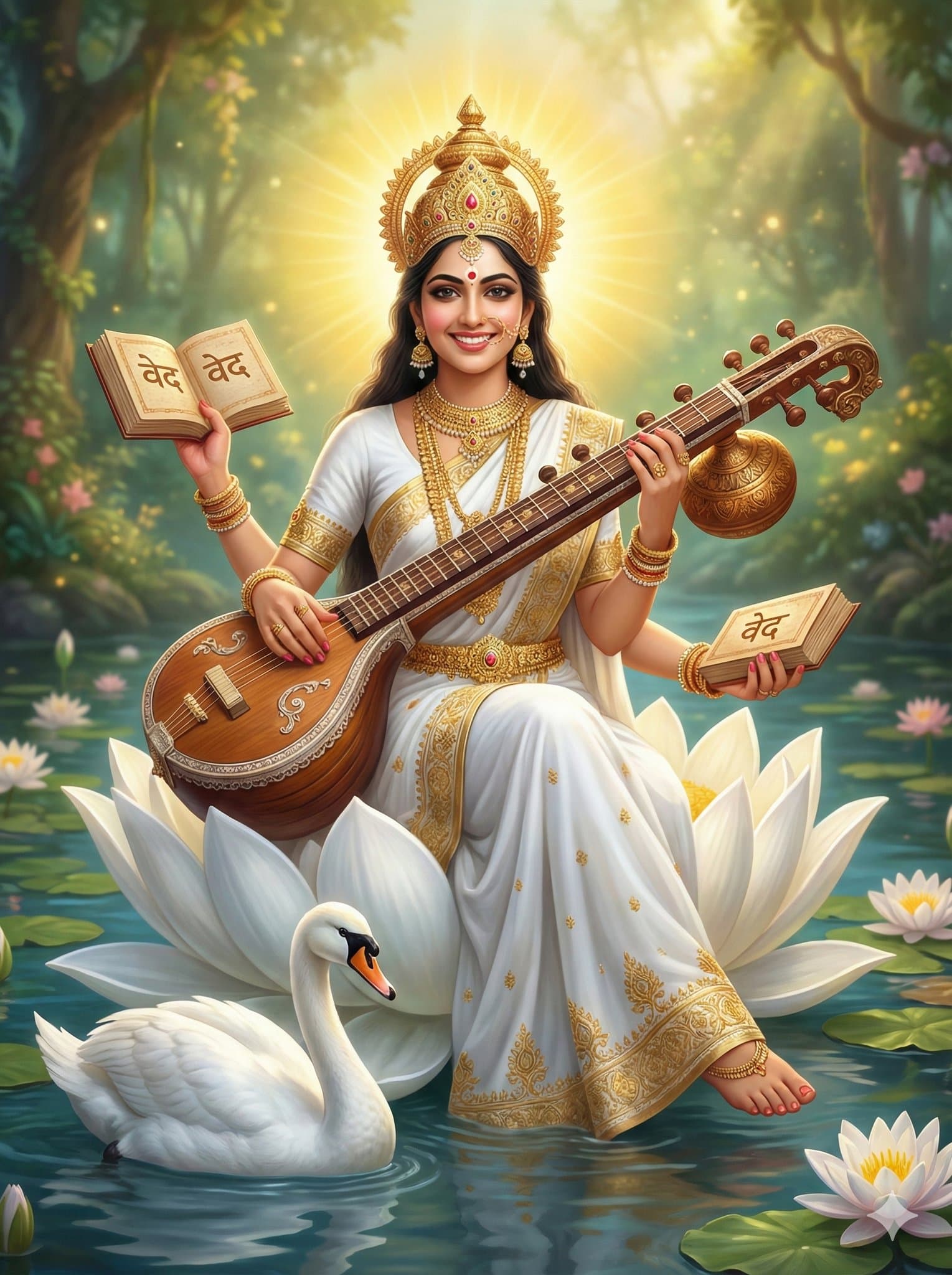 Generate fantasy image of A beautiful Indian smiling divine lady who wearing golden ornaments and crown created with Gemini