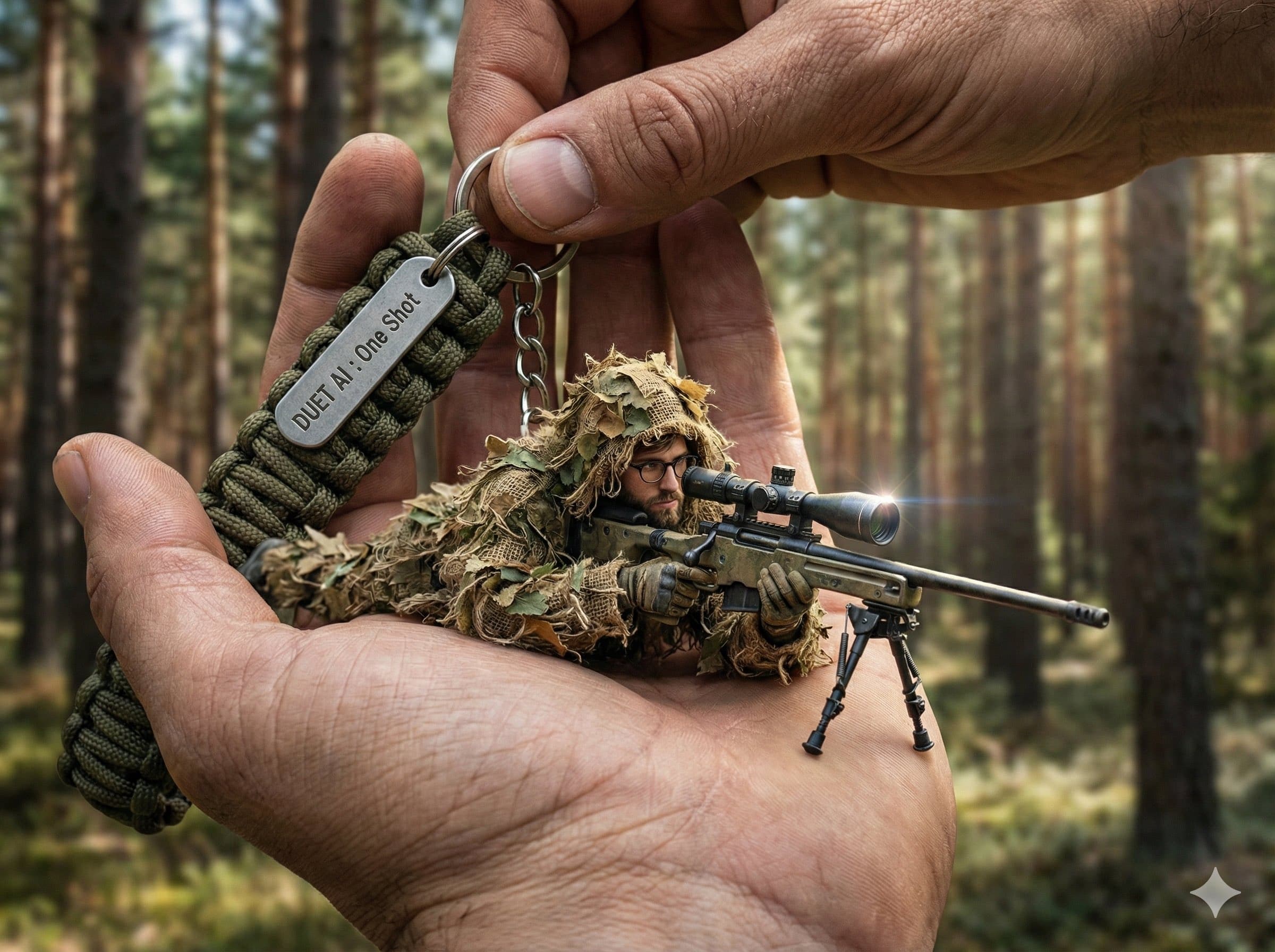  A hyper-realistic, 8k, high-fidelity close-up shot captured with a macro lens, showcasing a giant human hand holding a keyring against an extremely blurred background of a rugged outdoor forest range. created with Gemini