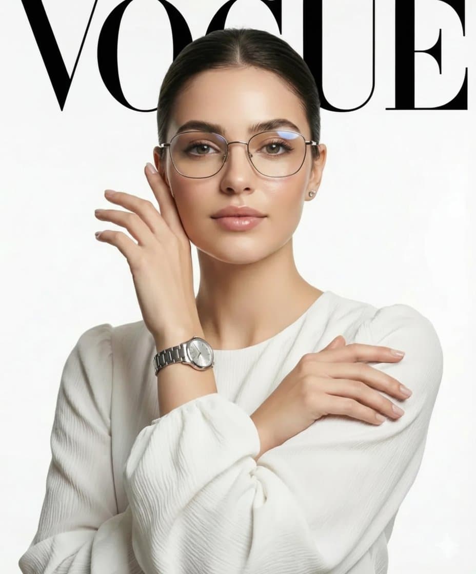A high-definition, professional fashion editorial photograph of a sophisticated woman with a sleek, center-parted bun.  created with Gemini