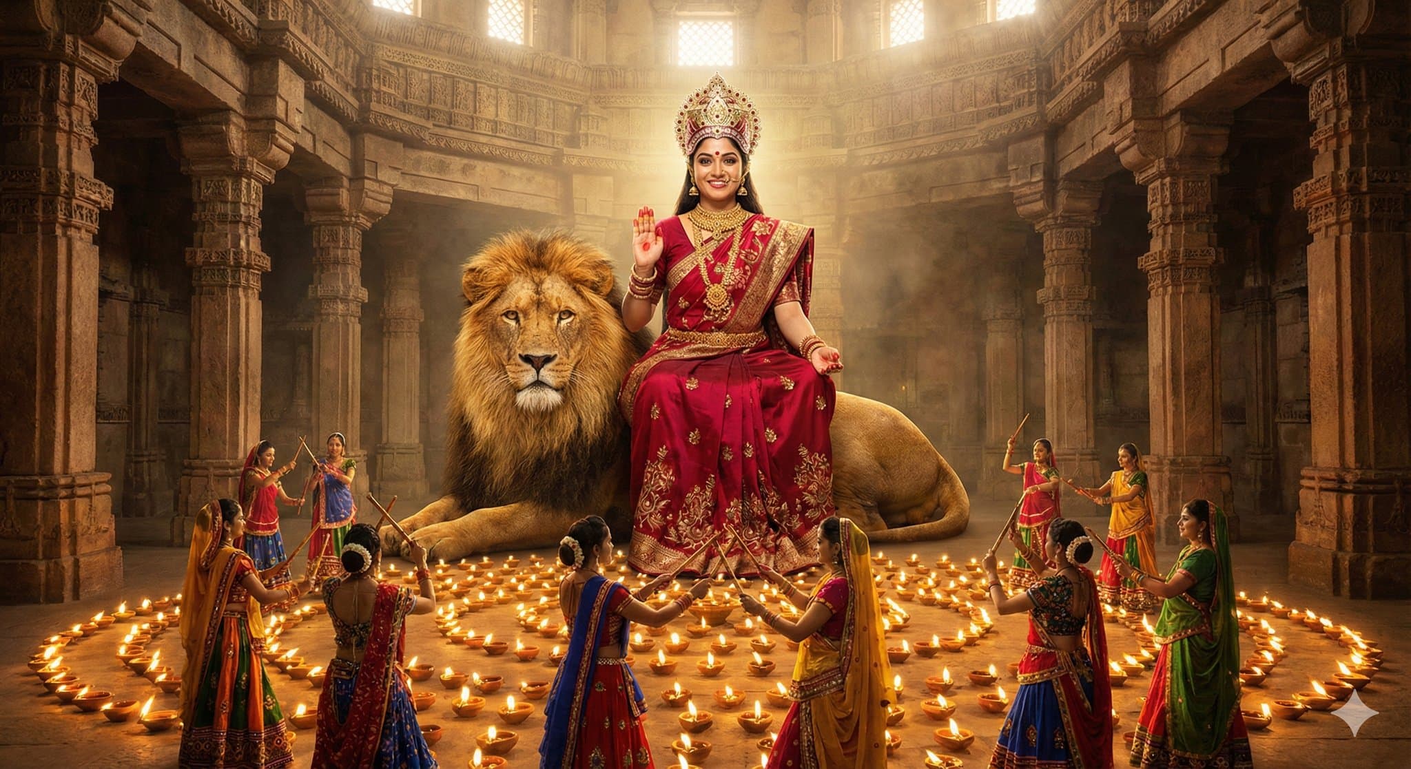 Generate fantasy image of a smiling goddess Amba mata, wearing red saree, golden ornaments and crown gives blessings created with Gemini