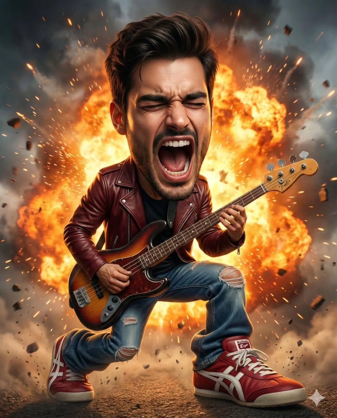 A hyper-realistic, cinematic rock musician with an oversized caricature head, screaming passionately while playing an electric bass guitar.  created with Gemini
