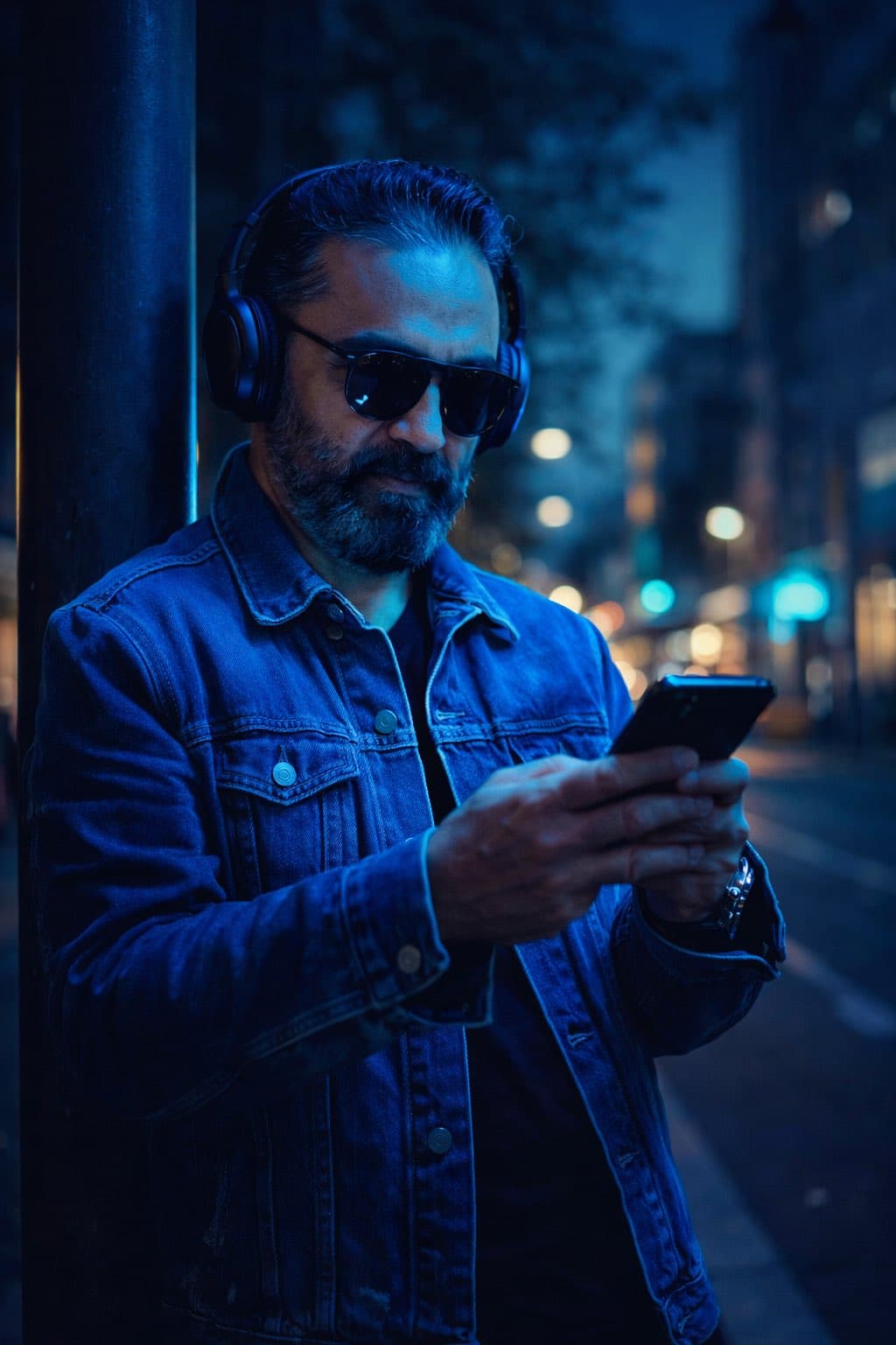 CA medium low-angle shot of a person wearing a denim jacket, dark sunglasses, and over-ear headphones, with a serious, serene created with Gemini