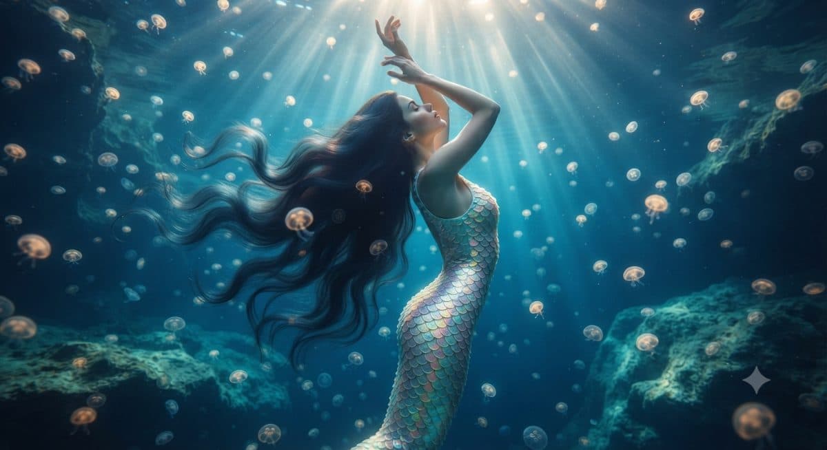 Graceful Woman Amidst Glowing Jellyfish created with Gemini