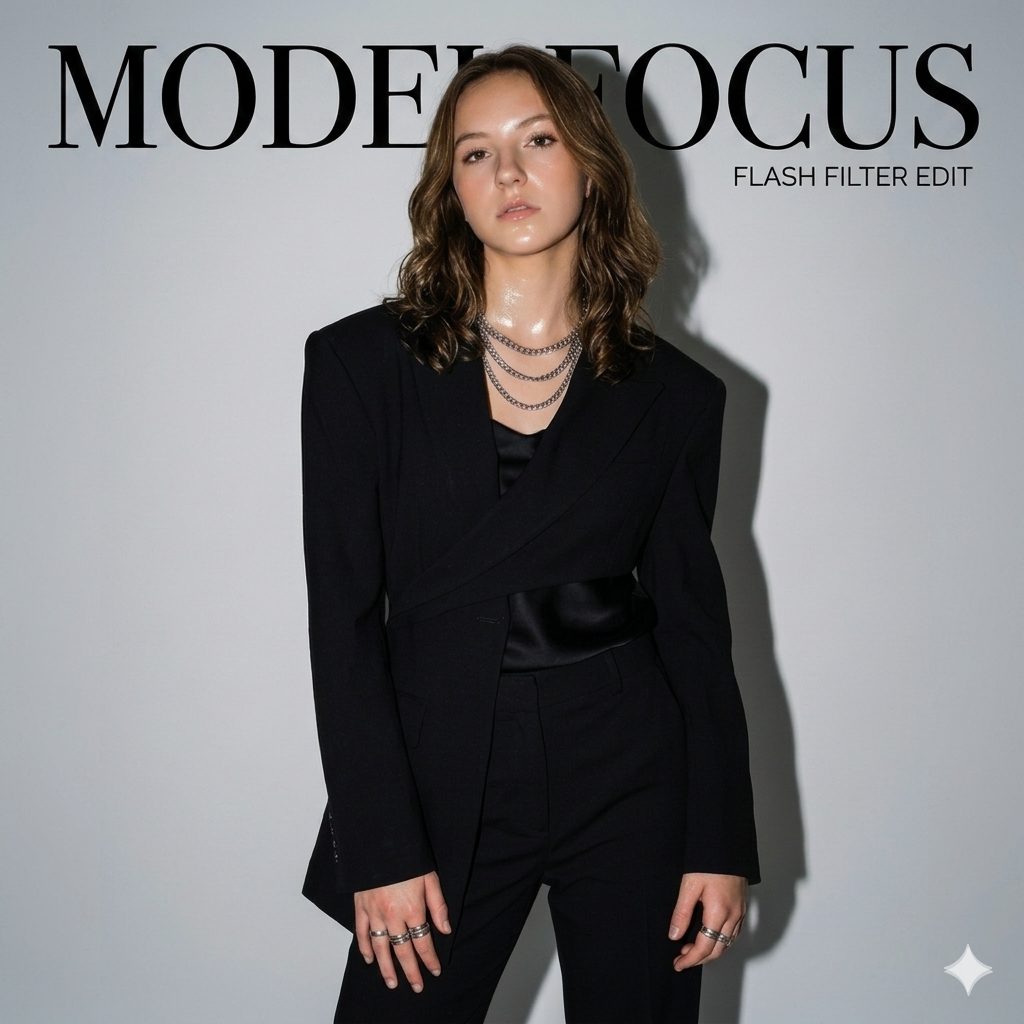 Studio Flash Fashion Portrait Prompt – Magazine Style Model Photography created with Gemini