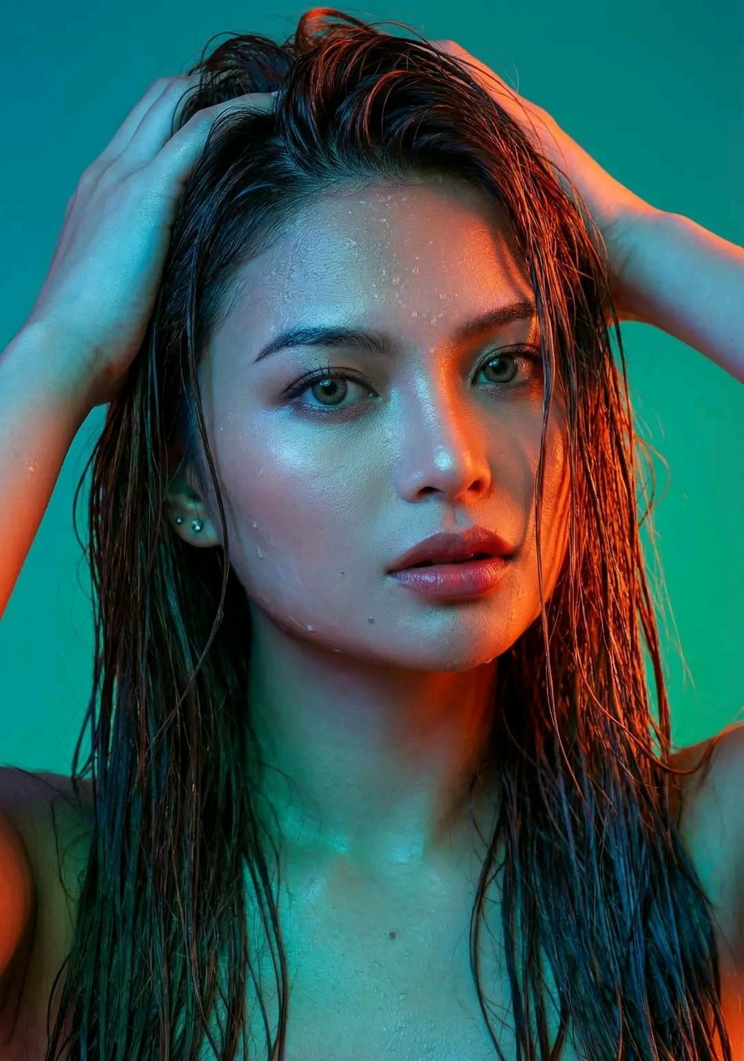 A mesmerizing, high-resolution studio portrait of a woman [image uploaded, no face alterations] with an ethereal and slightly enigmatic expression created with Gemini