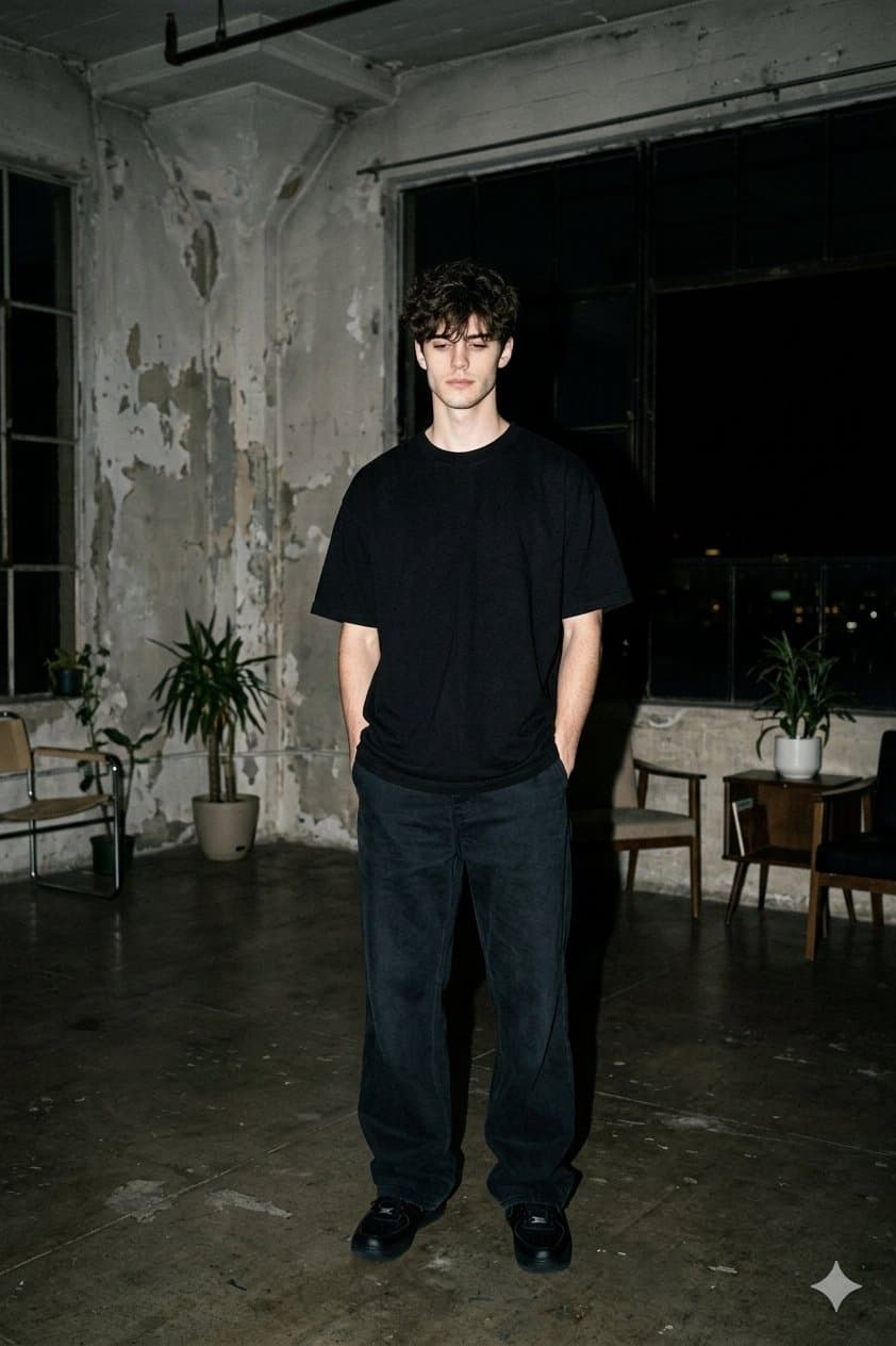 A hyper-realistic wide nighttime photograph of a young model standing alone inside a worn industrial loft created with Gemini
